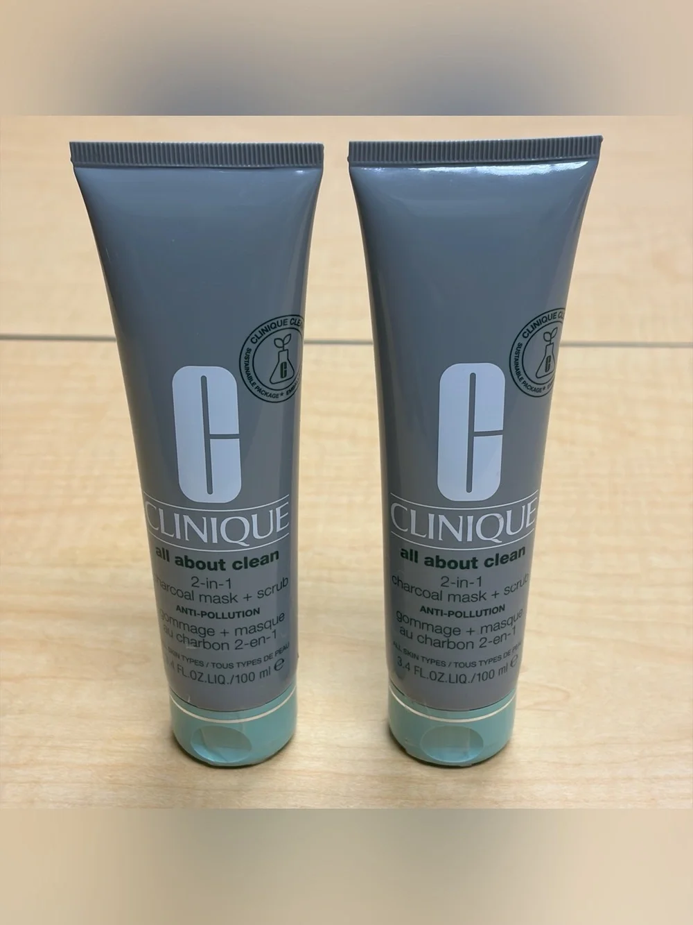 Lot of 2- Clinique All About Clean 2-in-1 Charcoal Mask + Scrub -Full Size 3.4oz